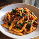 A white bowl filled with rich 30-minute italian sausage pasta mixed with crumbled sausage and wilted spinach leaves.