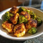 Close-up of crispy, seasoned air fryer chicken bites mixed with bright green broccoli florets in a white bowl.