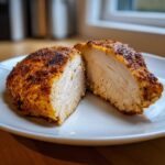 A juicy air fryer chicken breast, perfectly cooked and cut in half to show the white, tender interior and crispy seasoned crust.