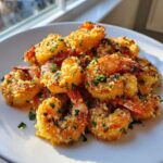A pile of golden, crispy air fryer garlic parmesan shrimp garnished with fresh parsley on a white plate.