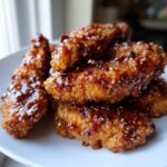 A close-up stack of crispy air fryer honey butter garlic chicken tenders coated in a thick, shiny brown glaze with sesame seeds.