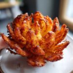 A perfectly cooked, crispy air fryer mini blooming onion, golden brown and seasoned, resting on a light plate.