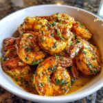 A white bowl filled with succulent, seasoned cajun shrimp covered in a rich, buttery sauce and sprinkled with fresh parsley.