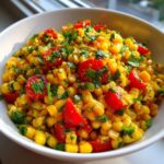Close-up of a vibrant corn salad featuring sweet corn kernels, halved cherry tomatoes, and fresh green herbs.