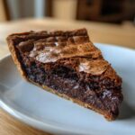 A close-up shot of a rich, gooey slice of fudge pie with a crackled top crust.