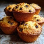A close-up stack of freshly baked, golden mini chocolate chip muffins with visible chocolate chips.