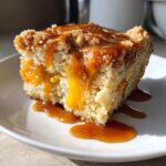 Close-up of a moist slice of peach cake topped with a thick, dripping caramel sauce.