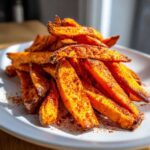 Close-up of a pile of crispy, bright orange sweet potato fries heavily seasoned with paprika, served on a white plate.