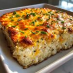 A close-up of a thick, baked slice of creamy crab dip recipe with a golden-brown, cheesy top garnished with fresh chives.