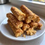 A stack of golden brown, baked cottage cheese sticks with a slightly crispy exterior, served on a white plate.