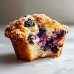 Close-up of a bakery-style fluffy blueberry muffin cut in half, showing moist crumb and burst blueberries.