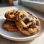 Close-up of three thick, chewy banana bread chocolate chip cookies piled on a white plate.