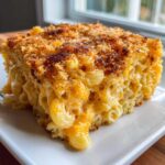 A close-up of a square slice of baked mac and cheese with a crunchy, browned topping, showcasing the creamy texture of the best easy homemade mac and cheese recipe.