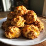 A mound of freshly baked, golden brown Bisquick sausage balls topped with melted cheddar cheese on a white plate.