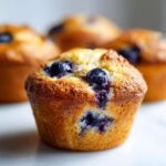 Close-up of a golden-brown blueberry cottage cheese muffin with visible blueberries baked into the top.