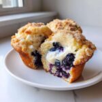 Close-up of a blueberry cream cheese muffin cut in half, showing the creamy filling and blueberries inside.