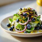 A close-up of a fresh blueberry pistachio spring salad featuring greens, red onion rings, and a creamy dressing.