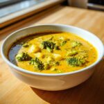 Close-up of a white bowl filled with creamy, bright yellow broccoli cheddar soup containing florets and potato chunks.