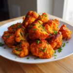 A white plate piled high with crispy, bright orange buffalo cauliflower bites, garnished with fresh green chives.
