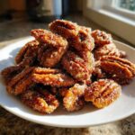 A pile of glistening, sugar-coated candied pecans resting on a white plate, beautifully lit by sunlight.