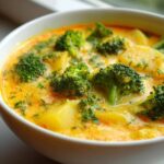 Close-up of a white bowl filled with creamy, yellow cheddar broccoli potato soup featuring chunks of potato and bright green broccoli florets.
