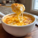 A piece of bread or dipper being lifted from a white bowl of hot cheese fondue recipe, showing long, stretchy cheese pulls.