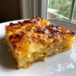 A golden-brown slice of cheesy scalloped potatoes with crispy top layers served on a white plate.