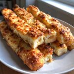 A stack of golden-brown, cheesy soft breadsticks piled on a white plate, showing a fluffy interior.