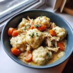 A close-up of a hearty bowl of chicken and drop dumplings, shredded chicken, and bright orange carrots in a creamy sauce, garnished with herbs.