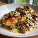 Golden seared chicken breast smothered in a rich Irish chicken whiskey cream sauce and sliced mushrooms.