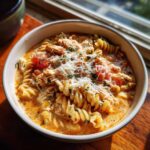 A close-up of a bowl of creamy chicken parmesan soup featuring rotini pasta, shredded chicken, tomatoes, and topped with grated parmesan cheese.