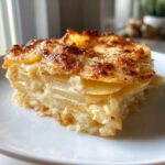 A close-up of a square serving of creamy garlic scalloped potatoes with a golden, cheesy crust.