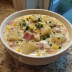A close-up of a hearty bowl of creamy ham potato corn chowder, garnished with fresh parsley.