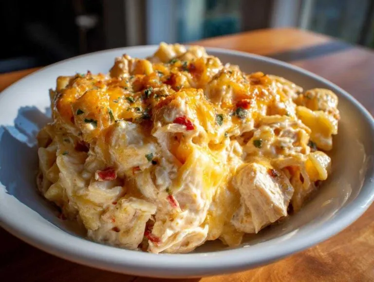 A close-up of a generous serving of creamy rotel pasta topped with melted cheddar cheese and herbs.