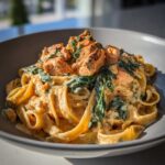 A close-up shot of rich, creamy salmon spinach pasta served in a grey bowl, highlighting the salmon chunks and wilted spinach.