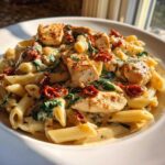A close-up of creamy Tuscan chicken pasta featuring penne, seared chicken pieces, spinach, and sun-dried tomatoes.