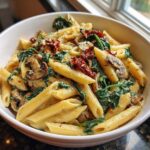 A close-up of a white bowl filled with creamy Tuscan mushroom pasta skillet featuring penne, spinach, mushrooms, and sun-dried tomatoes.