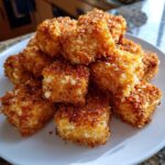 A generous pile of golden brown, crispy air fryer tofu cubes served on a white plate.