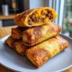 A stack of golden-brown, crispy cheeseburger egg rolls, with the top one cut open showing ground beef and melted cheese filling.