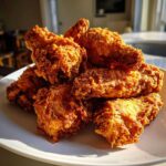 A close-up of a pile of golden brown, crispy fried chicken wings catching the sunlight on a white plate.