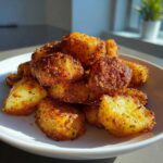 A pile of golden brown, crispy ranch roasted potatoes seasoned with herbs, served on a white plate.