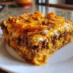 A close-up of a hearty slice of dorito taco casserole featuring seasoned ground beef, melted cheese, and a crunchy chip topping.