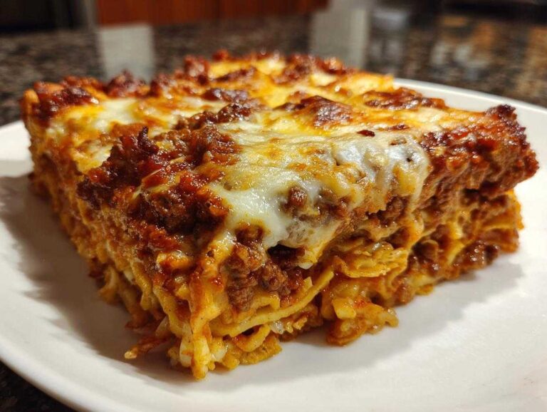 A thick slice of baked dorito taco casserole layered with meat sauce and melted cheese on a white plate.