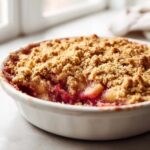 Close-up of a freshly baked rhubarb crisp in a white baking dish, showing the bubbling fruit filling under a thick, golden crumble topping.