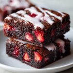 Two stacked, fudgy strawberry brownies topped with a white vanilla glaze drizzle.