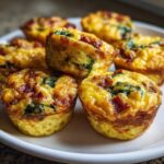 A close-up of several golden brown keto egg bites stacked on a white plate, featuring visible bacon pieces and green spinach.