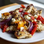 Close-up of seasoned, cooked chicken pieces mixed with roasted red onion, bell peppers, and crumbled feta cheese, representing greek chicken with lemon and feta.