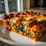 A close-up, cross-section view of a slice of ground turkey sweet potato bake showing layers of orange sweet potato, ground turkey, and green spinach.