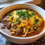 Close-up of a white bowl filled with rich hamburger noodle soup, topped generously with shredded cheese and fresh parsley.