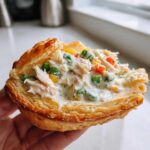 Close-up of a hand holding an individual puff pastry cup filled with creamy chicken a la king recipe mixture.